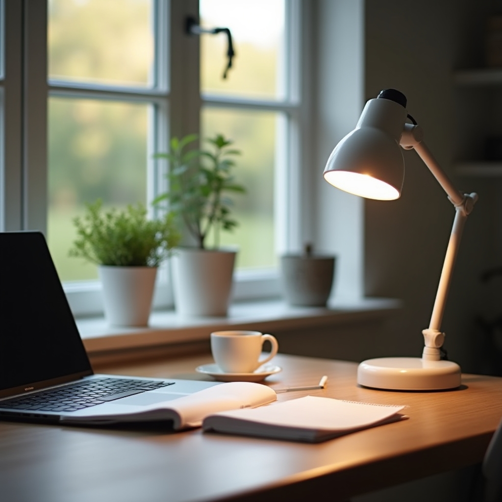 Schreibtisch am Fenster mit Tageslicht und einer kleinen Arbeitsleuchte