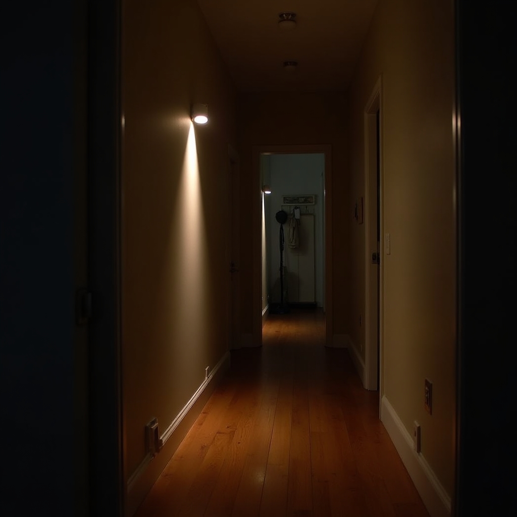 Flur mit indirektem, warmem Wandlicht, das nur den unteren Bereich der Wand beleuchtet