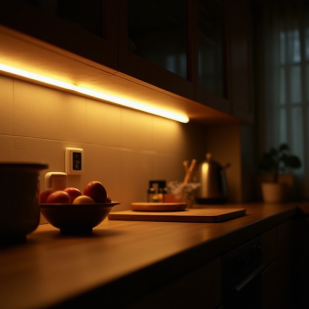 Küchentheke mit warmem Akzentlicht unter den Hängeschränken am Abend