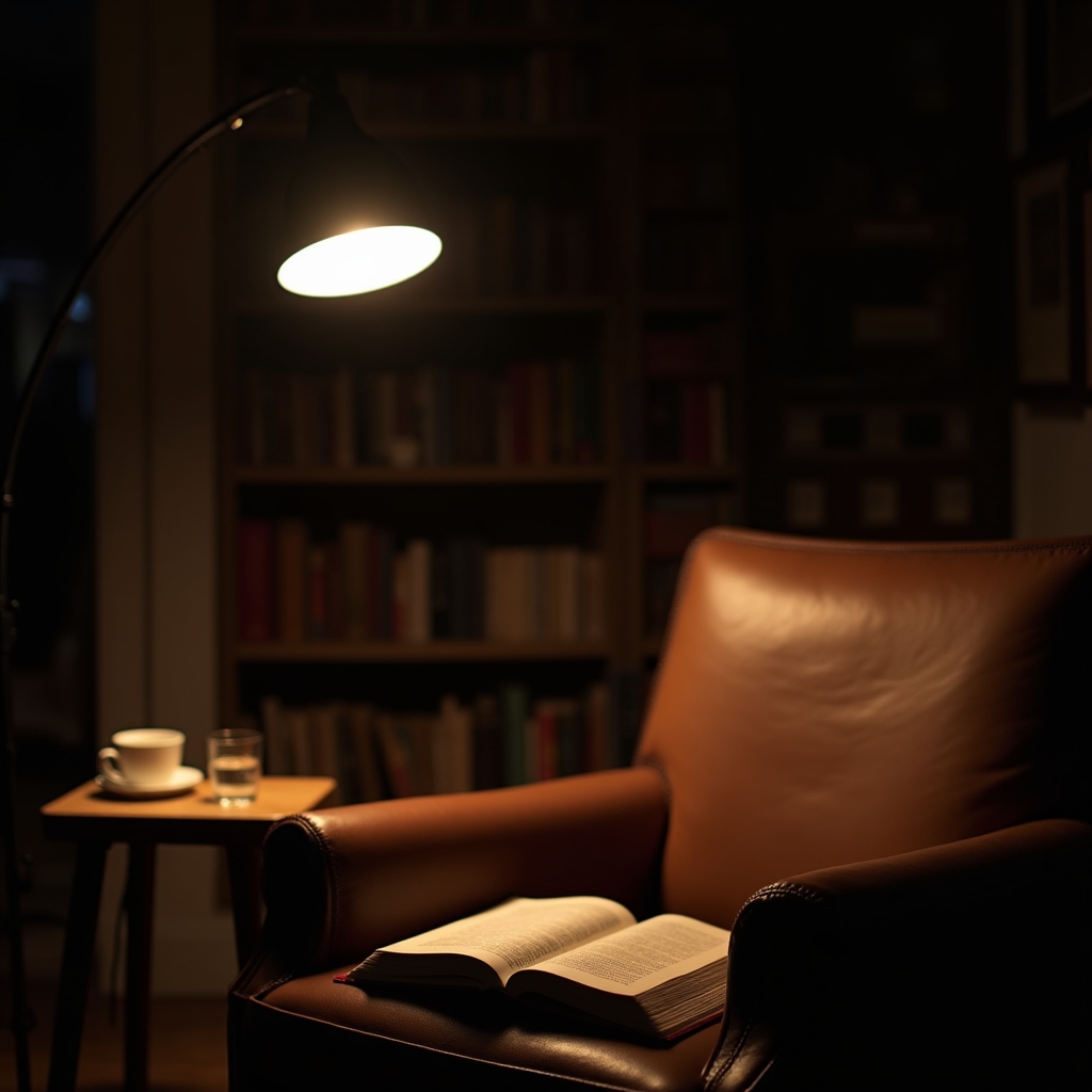 Leseecke mit Sessel und Stehleuchte in warmem Licht